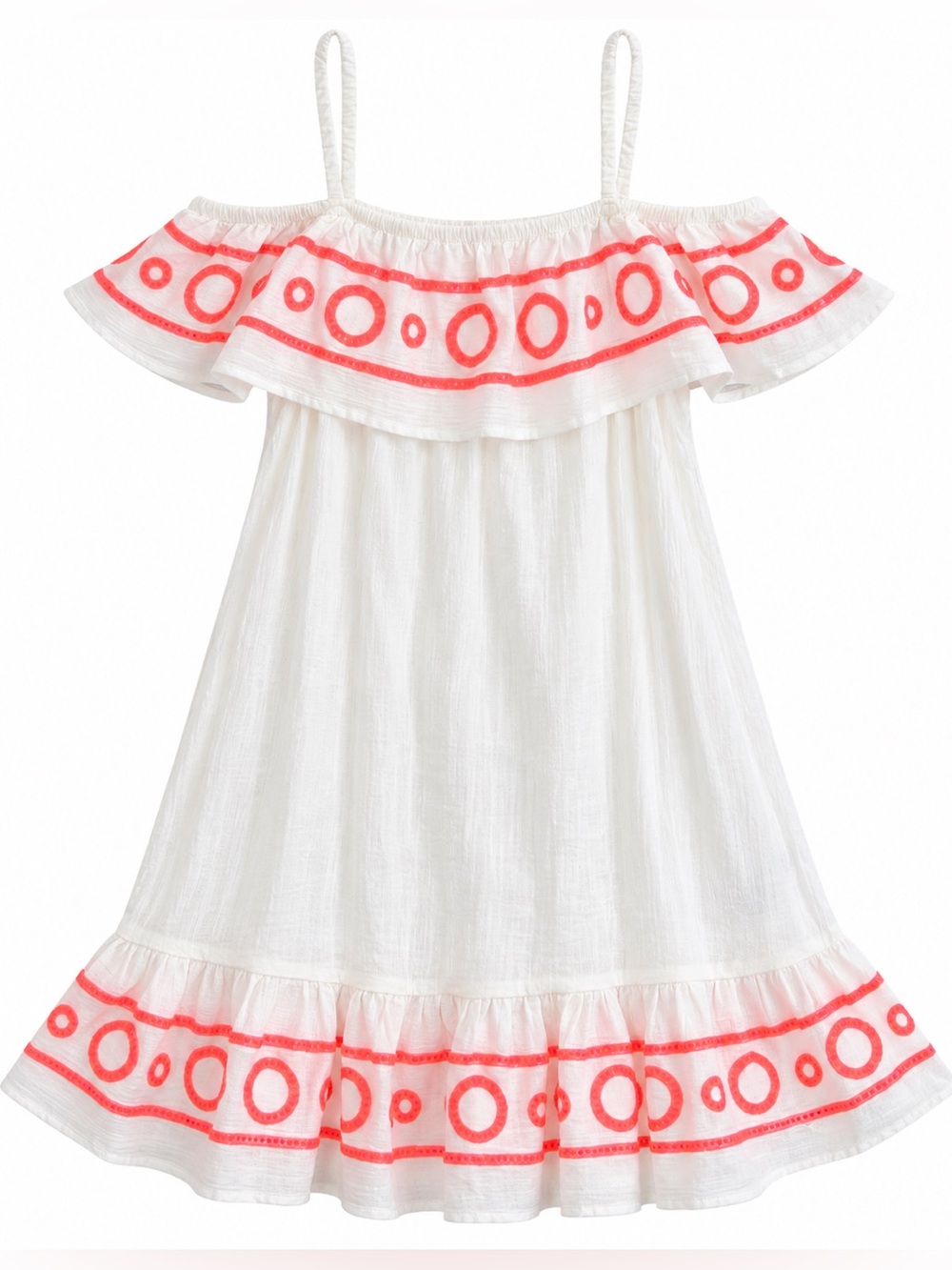 White Off-the-Shoulder Dress with Pink Embroidery coral trim